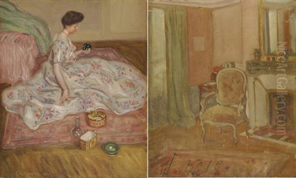 Elegante Aux Bibelots (+ Interieur Au Fauteuil, Verso) Oil Painting by Frederick Carl Frieseke