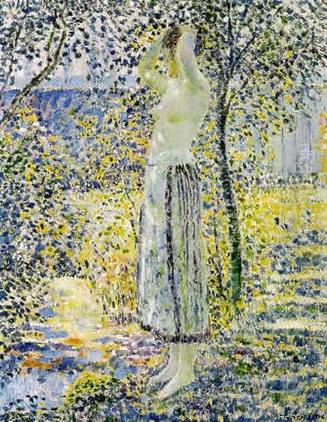 Woman In Sunlit Landscape Oil Painting by Frederick Carl Frieseke