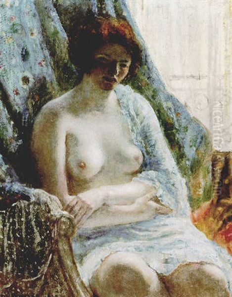 Nude In Blue Interior Oil Painting by Frederick Carl Frieseke