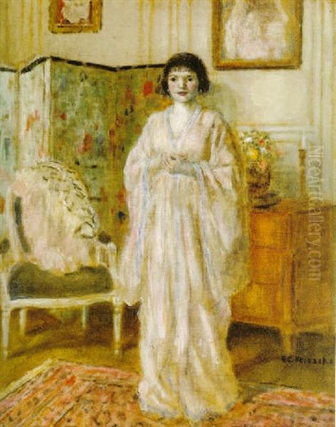 Interior No.5 (model Before A Screen) Oil Painting by Frederick Carl Frieseke