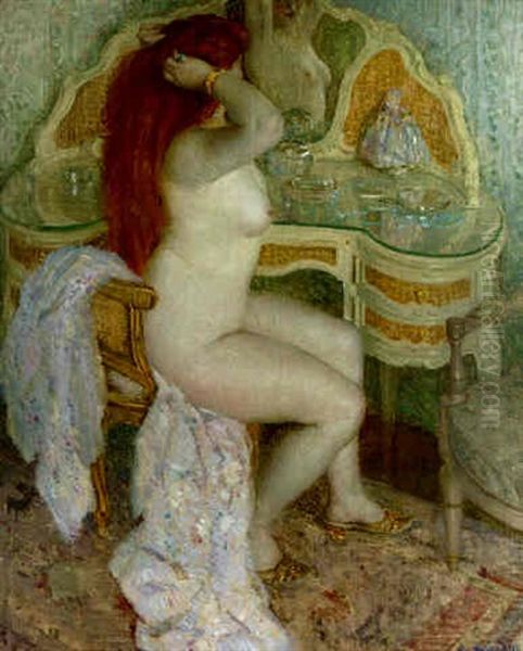 Nude Seated At Her Dressing Table Oil Painting by Frederick Carl Frieseke