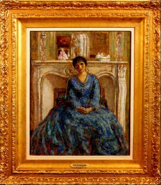 Woman In Blue Oil Painting by Frederick Carl Frieseke