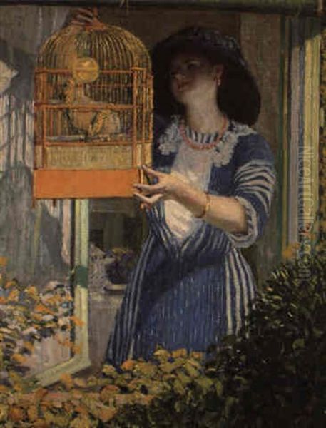 The Open Window-the Bird Cage Oil Painting by Frederick Carl Frieseke