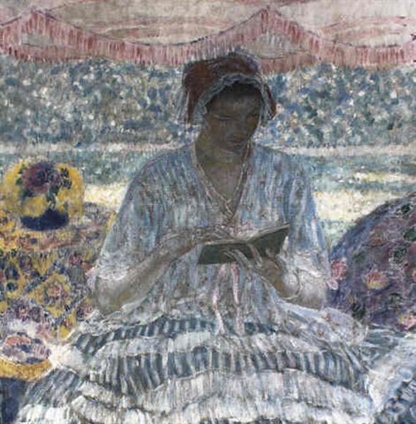 Summer Reading (under The Awning) Oil Painting by Frederick Carl Frieseke