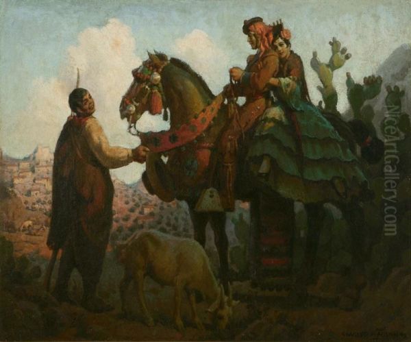 Mexican Figures In A Desert Landscape Oil Painting by Charles Percy Austin