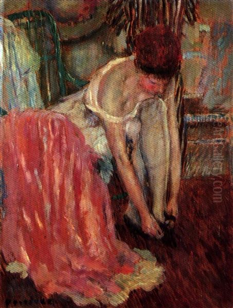 Woman Tying Her Shoe Oil Painting by Frederick Carl Frieseke