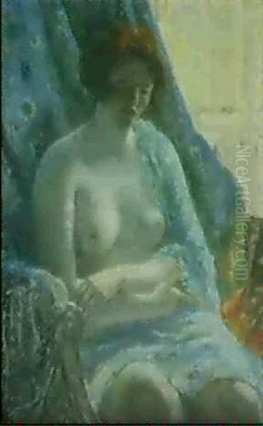 Nude In Blue Interior Oil Painting by Frederick Carl Frieseke