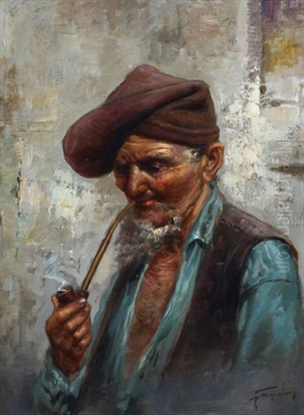 The Pipe Smoker (+ Old Man With Pipe; 2 Works) Oil Painting by Raffaele Frigerio