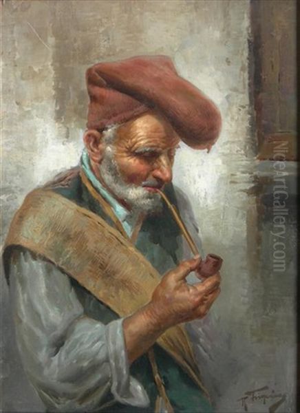 Old Man With A Pipe (+ Untitled; Pair) Oil Painting by Raffaele Frigerio