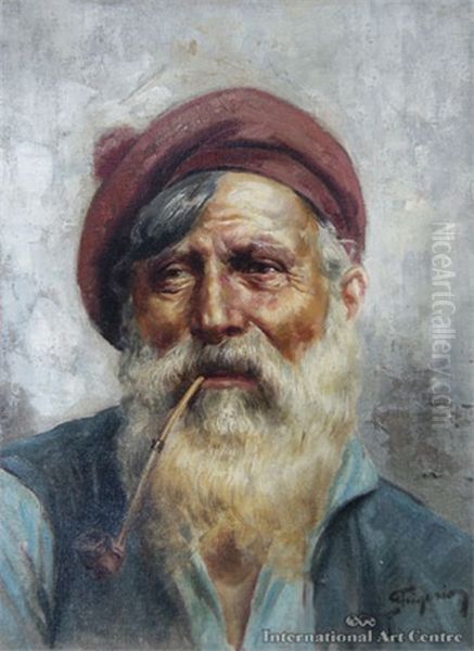 Pipe Smoker Oil Painting by Raffaele Frigerio