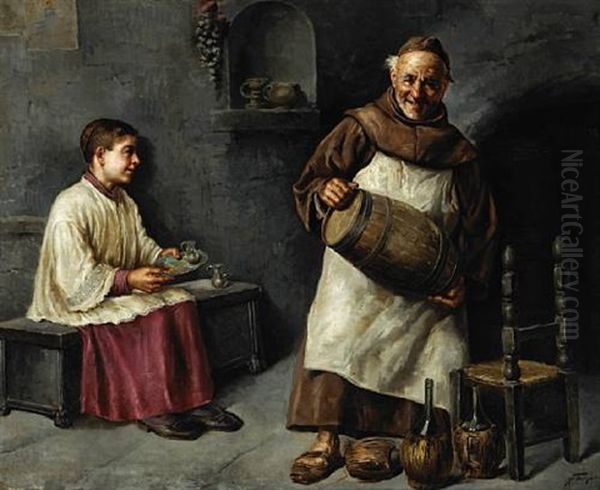 A Monk And A Young Acolyte In A Wine Cellar Oil Painting by Raffaele Frigerio