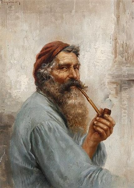 Portrait Of A Peasant Smoking A Pipe (+ Portrait Of A Peasant Woman With A Bottle; 2 Works) Oil Painting by Raffaele Frigerio