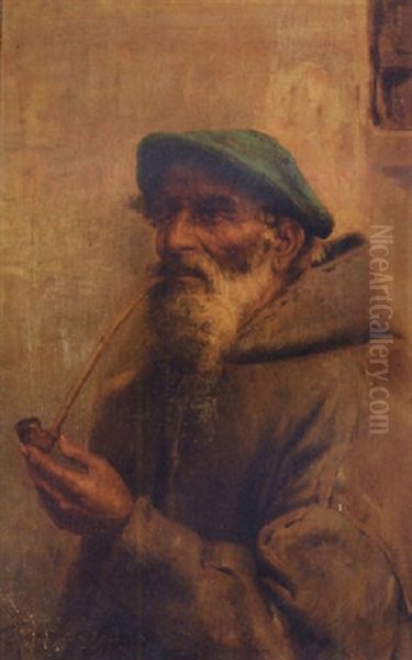 A Good Smoke Oil Painting by Raffaele Frigerio