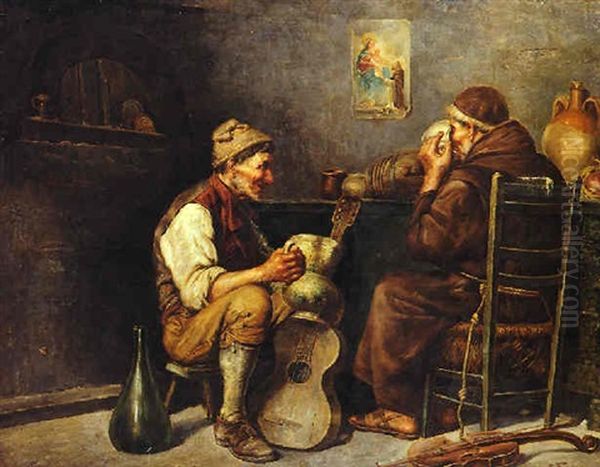 Interno Di Osteria Con Frate E Sonatore Di Chitarra Oil Painting by Raffaele Frigerio