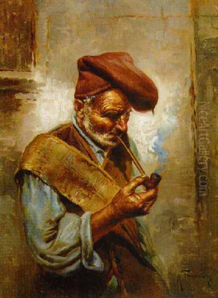 A Good Smoke Oil Painting by Raffaele Frigerio