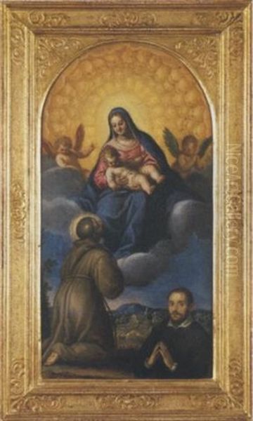 Madonna Con Bambino In Gloria, Tra Angeli, Con San Francesco E Un Donatore In Primo Piano Oil Painting by Francesco Frigimelica the Elder