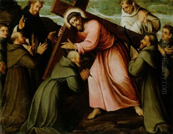 Cristo Portacroce Tra I Santi Domenico, Bernardo, Pietro, Accursio, Ottone E Altri Frati Martiri Oil Painting by Francesco Frigimelica the Elder