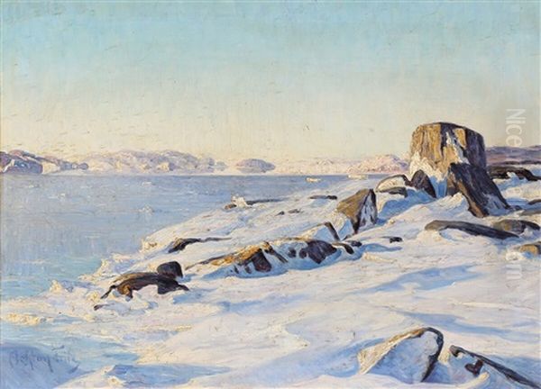 A Snow-covered Coastal Landscape In Greenland Oil Painting by Achton Friis