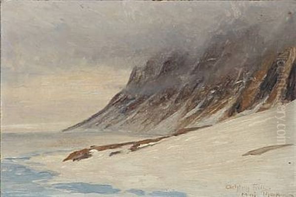 Rocky Coast With Low Hanging Clouds In The Northeastern Part Of Greenland Oil Painting by Achton Friis