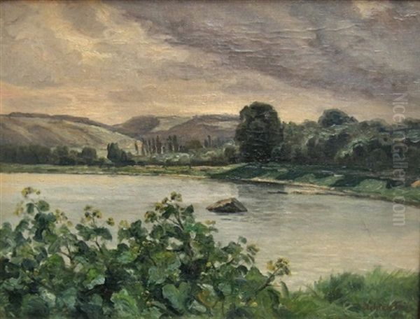 Kuperet Dansk Landskab, I Forgrunden So, Sommer Oil Painting by Achton Friis