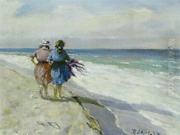 To Piger Pa Skagen Strand Oil Painting by Achton Friis