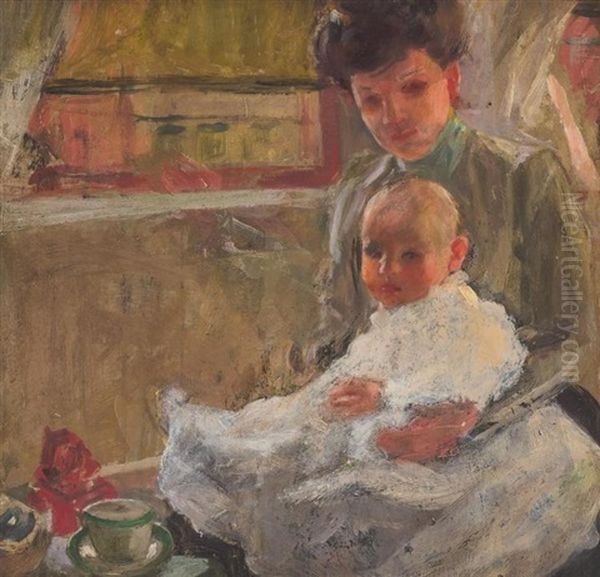 Mother And Child At Morning Tea Oil Painting by Frederick Trapp Friis