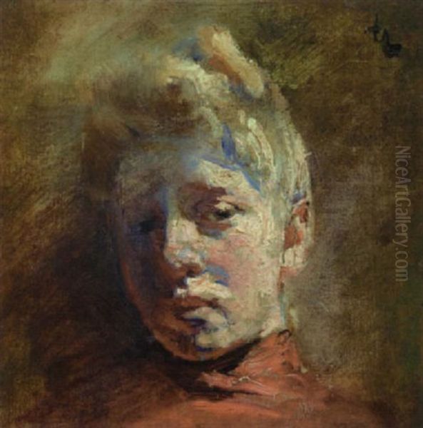 Blond Lady In Red (head Study) Oil Painting by Frederick Trapp Friis