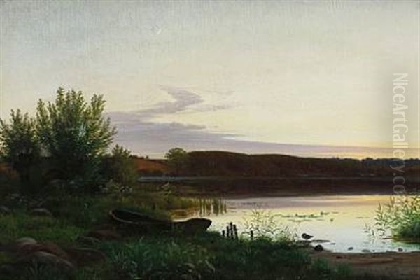 Sildig Sommeraften Ved En So, Motiv Fra Tadse Moller Ved Soro Oil Painting by Hans Gabriel Friis