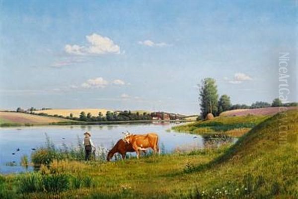 River Landscape With A Peasant Boy Wearing A Straw Hat And Two Cows Oil Painting by Hans Gabriel Friis