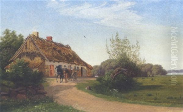 En Hestevogn Ved En Bondegard I Et Dansk Sommerlandskab Oil Painting by Hans Gabriel Friis