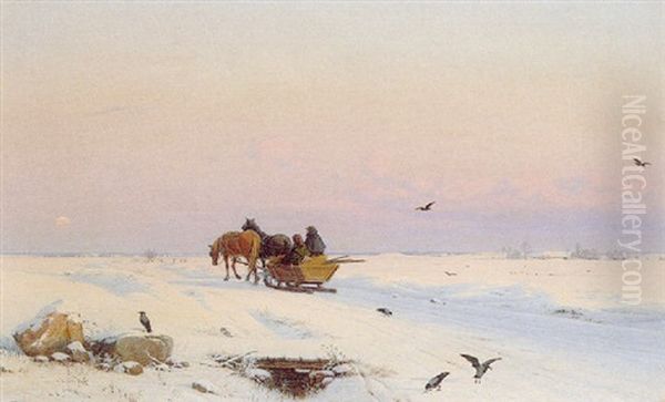 Sledging In A Winter Landscape Oil Painting by Hans Gabriel Friis