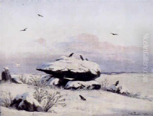 Udsigt Over Sneklaedte Marker Med Stendysse, Lav Sol by Hans Gabriel Friis