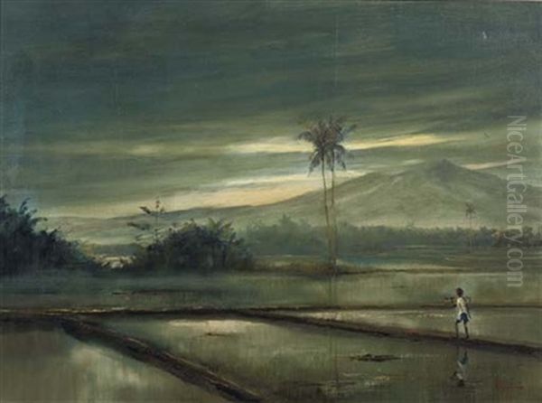 Ricefield At Dusk Oil Painting by Ronald Henry Arthur Frijling