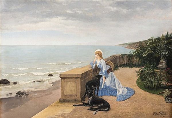 Melancholie - Vornehme Junge Dame Mit Ihren Hunden Blickt Von Der Gartenterrasse Auf Das Mittelmeer Oil Painting by Felix Nicolas Frillie