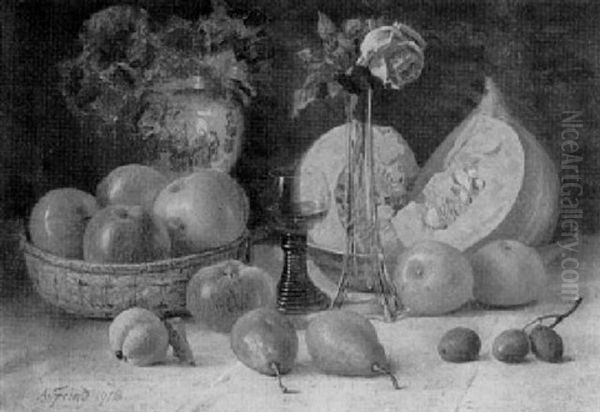 Stilleben Mit Apfeln, Melonen Und Rosenvase Oil Painting by August Frind