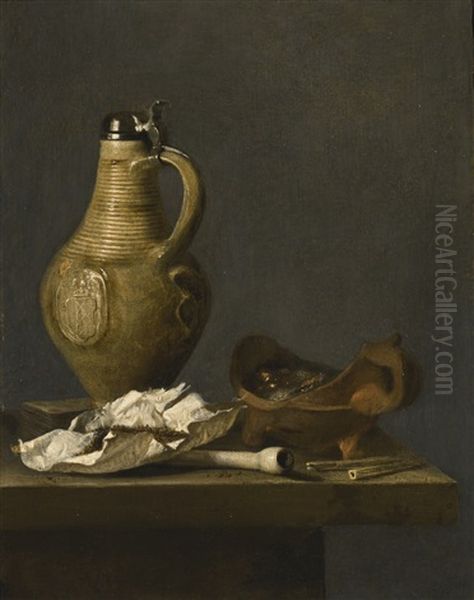 Still Life With An Earthenware Jug, A Deck Of Cards And Smoking Paraphernalia Oil Painting by Jan (Johannes) Fris