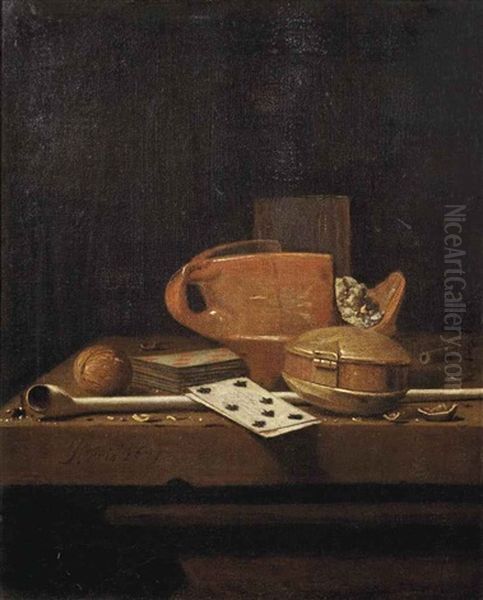 A Toebakje, A Glass, Playing Cards, A Tobacco Box, A Walnut And A Pipe, All On A Stone Ledge Oil Painting by Jan (Johannes) Fris