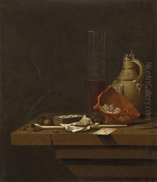 Still Life With Pipe, Little Stove And Clay Jug Oil Painting by Jan (Johannes) Fris