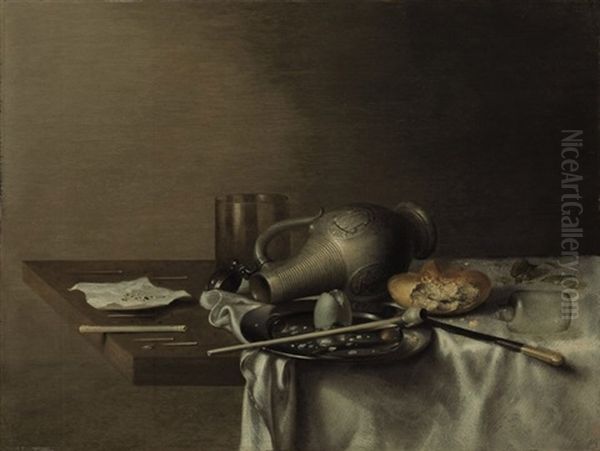 An Overturned Jug, Roll, Plate With Pipe And An Egg Shell, Broken Glass And Objects On A Draped Table Oil Painting by Jan (Johannes) Fris