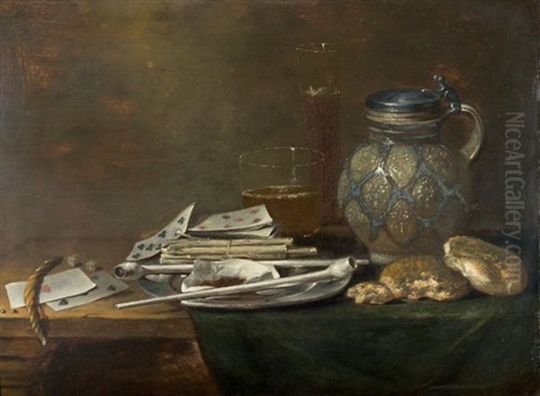 Nature Morte Aux Pipes Et Cartes A Jouer Sur Un Entablement (in 2 Parts) Oil Painting by Jan (Johannes) Fris