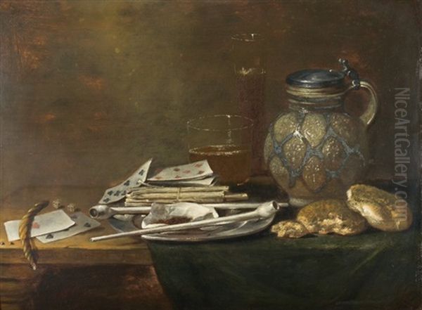 Nature Morte Aux Pipes Et Cartes A Jouer Sur Un Entablement Oil Painting by Jan (Johannes) Fris