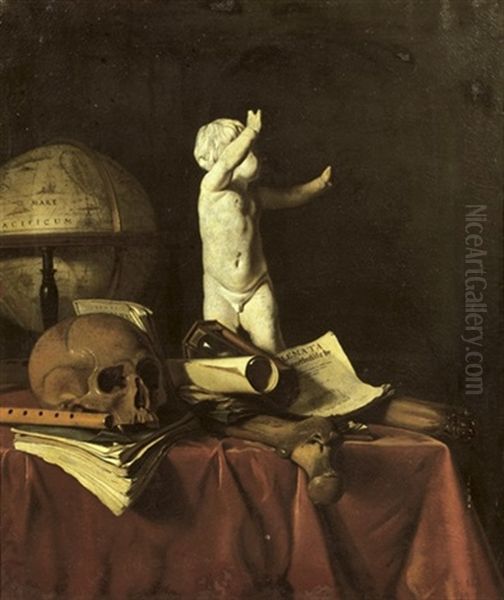 A Vanitas With A Sculpture Of A Putto, A Globe, A Skull, A Bone, An Hourglass, A Flute And Books On A Draped Table Oil Painting by Jan (Johannes) Fris