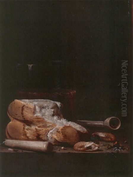 Still Life With Bread, Shrimp, A Clay Pipe And Other Objects, Resting On A Table Oil Painting by Jan (Johannes) Fris