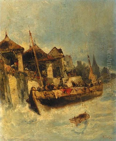 A Ship Along A Quay In The Harbour Oil Painting by Jan (Johannes) Fris