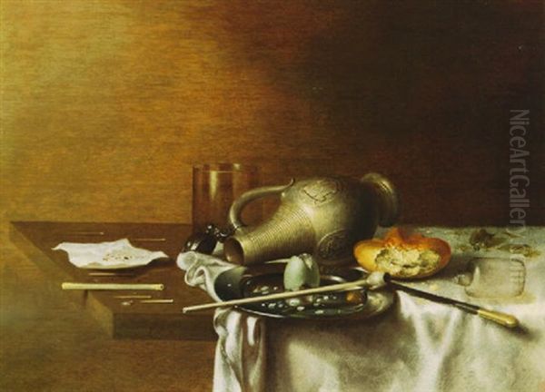 Still Life Of An Overturned Stoneware Jug, Roll, Plate With Pipe And Egg Shell, Broken Glass And Other Objects Oil Painting by Jan (Johannes) Fris