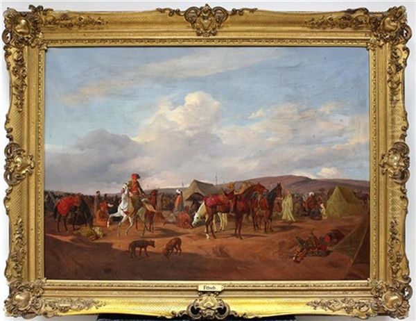 Ruckzug Der Armee Ibrahim Paschas Durch Die Wuste, Orientalische Darstellung Eines Zeltlagers Mit Zahlreichen Arabern, Hunden Und Pferden Oil Painting by Friedrich Frisch