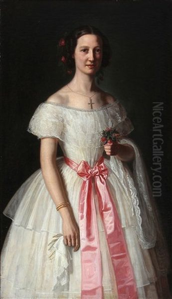 Portrait Of Elisabeth Alexandra Mourier In Her White Wedding Dress With A Pink Silk Ribbon Around Her Waist, Roses In Her Hair And A Shining Wedding Ring Oil Painting by Johan Didrik (John) Frisch