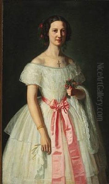 Portrait Of Elisabeth Alexandra Mourier In Her White Wedding Dress With A Pink Silk Ribbon Around Her Waist, Roses In Her Hair And A Shining Wedding Ring Oil Painting by Johan Didrik (John) Frisch