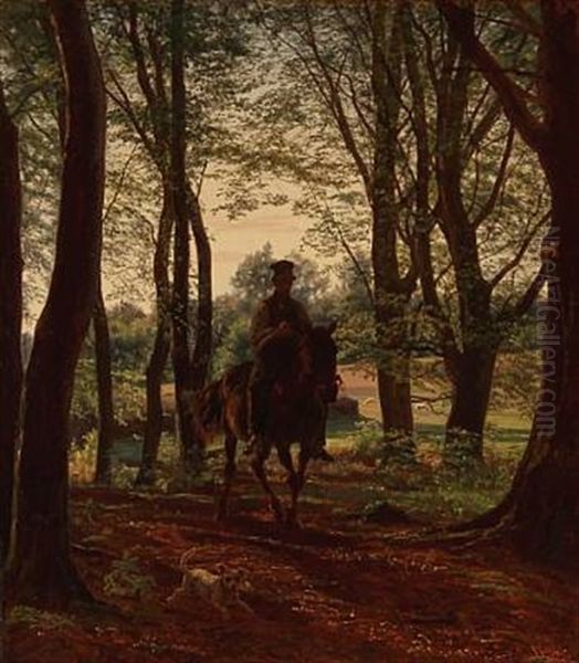 Man On A Horseback In A Danish Spring Forest Oil Painting by Johan Didrik (John) Frisch