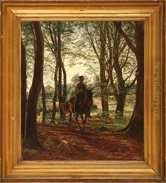 Man On Horseback In A Forest Oil Painting by Johan Didrik (John) Frisch